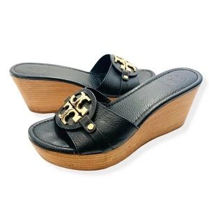Tory Burch Patti 3 Platform Wedge Sandal in Black Pebbled Leather Size 9.5